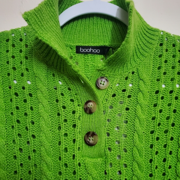 Boo Hoo Lime Green Open Knit Collared Sweater New - Picture 3 of 7